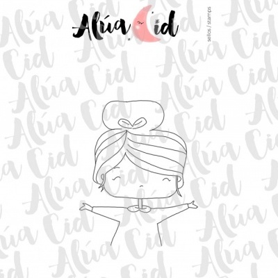 Selo preto e branco de rapariga com cabelo em coque e braços estendidos