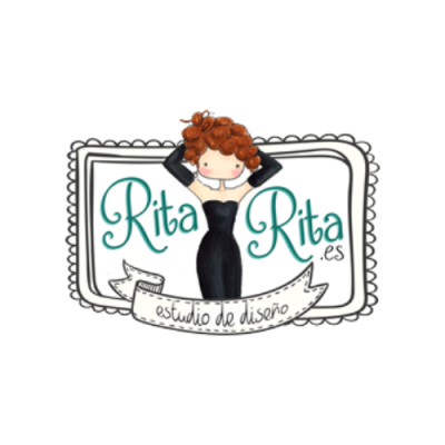 Logo com personagem feminina de vestido preto e textos 'Rita Rita .es' e 'estudio de diseño'