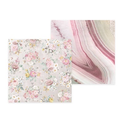 Dois quadros decorativos quadrados, um com padrão floral e outro com padrão abstrato em tons rosa e neutros.