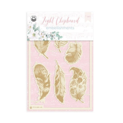 Conjunto de aplicações decorativas de chipboard com penas douradas e fundo rosa