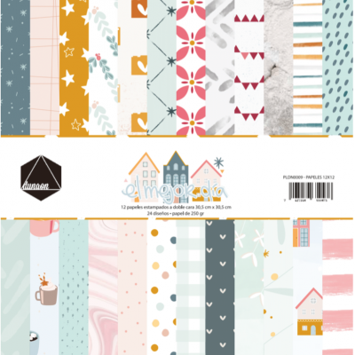 conjunto de papéis estampados para scrapbooking com vários padrões e cores suaves