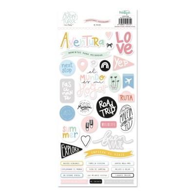 Folha de autocolantes de viagem coloridos com textos em português e inglês