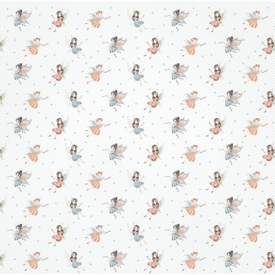 Tecido branco com padrão de fadas em tons pastel