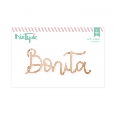 Palavra decorativa em madeira 'Bonita' em embalagem branca com detalhes rosa e texto verde.