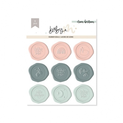 Conjunto de 8 lacres de goma coloridos com desenhos e texto em relevo