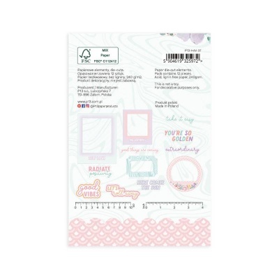 Folha decorativa para scrapbooking com etiquetas coloridas e frases positivas, padrão rosa e branco