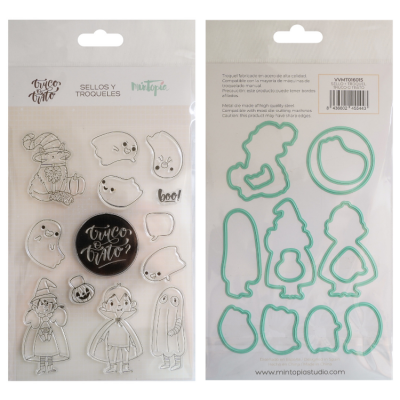 Conjunto de carimbos e cortantes com motivos de Halloween na embalagem