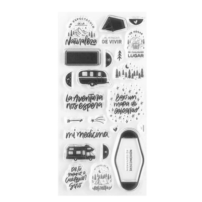 Autocolantes com texto e desenhos a preto relacionados com a natureza e aventuras