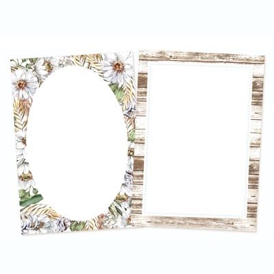 molduras decorativas com padrão floral e madeira envelhecida