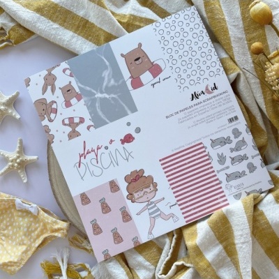 Bloco de papel para scrapbook com diferentes padrões e ilustrações divertidas relacionadas com praia e piscina.