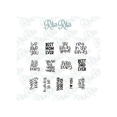Carimbos com frases em inglês manuscritas sobre fundo branco com padrão 'Rita'