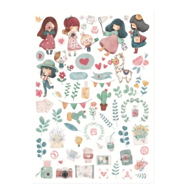 Ilustração colorida com personagens femininas, animais e objetos diversos em tons suaves