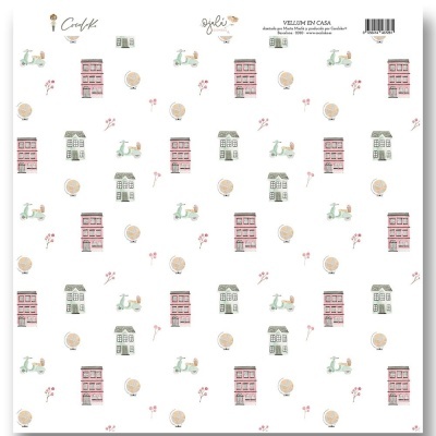 Papel decorativo com padrão de casas e scooters tons pastel