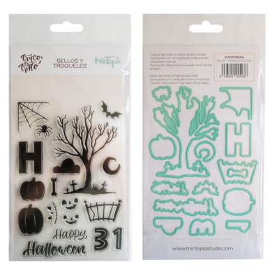 Conjunto de selos e troqueles para carimbos com motivos de Halloween em embalagem plástica