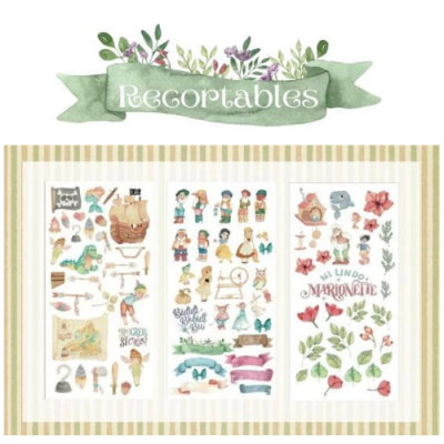 Três folhas de recortáveis com desenhos coloridos e textos em espanhol, sobre fundo riscado bege e branco