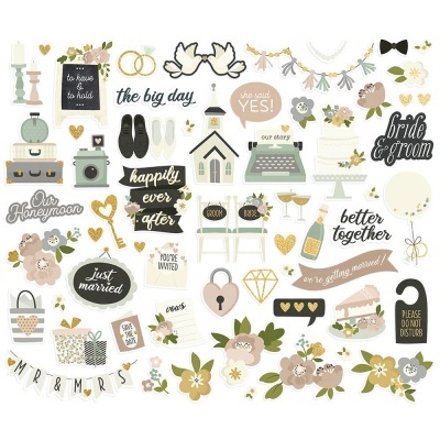 Conjunto de autocolantes de casamento com ilustrações e textos relacionados a casamento em cores pastel