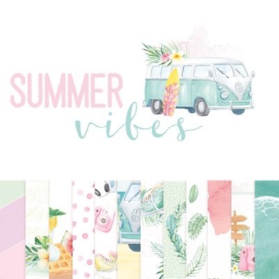 Ilustração de carrinha clássica com prancha de surf e texto 'SUMMER vibes'