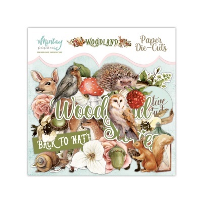 Conjunto de recortes papel com animais e natureza, texto 'Woodland' e 'Paper Die-Cuts'