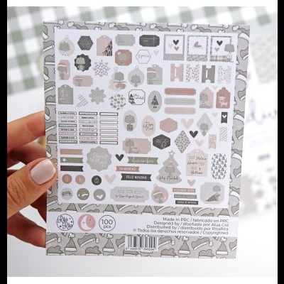 Folha de autocolantes decorativos de Natal em tons pastel com textos e desenhos natalícios