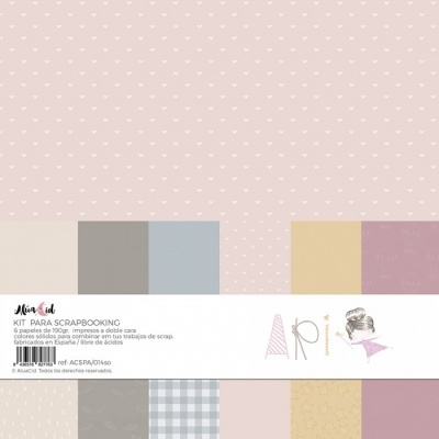 Kit scrapbooking com 6 papéis de cores sólidas e padrões variados em tons neutros e rosa