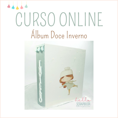 Álbum de scrapbooking branco com ilustração de menina a patinar e texto sobre curso online