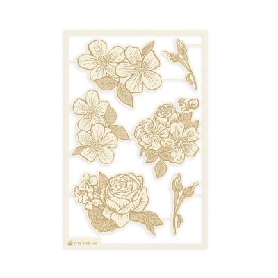 Autocolantes florais dourados e bege sobre fundo branco