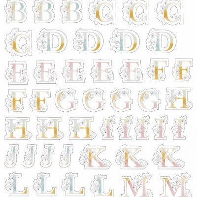 Letras decorativas do alfabeto com padrão floral em cores suaves