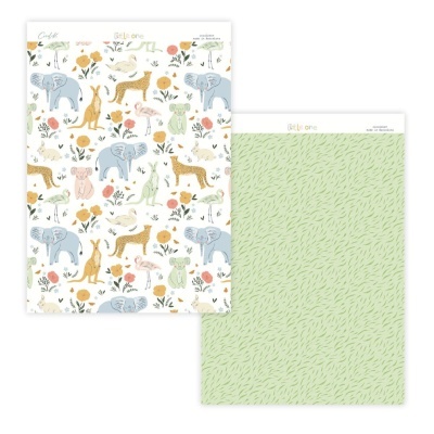Papel decorativo com animais infantis e papel verde com padrão de folhas