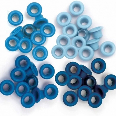 Conjunto de ilhós plásticos em quatro tons de azul variados