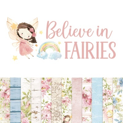 Desenho de fada, arco-íris, texto Believe in FAIRIES e padrões florais e texturas coloridas