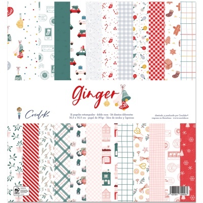 Folhas de papel estampado Ginger da Cookiek com padrões natalícios e motivos festivos em várias cores.