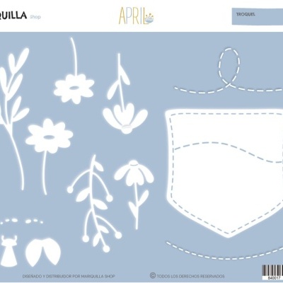 Ilustrações para recorte com flores e bolso em fundo azul claro