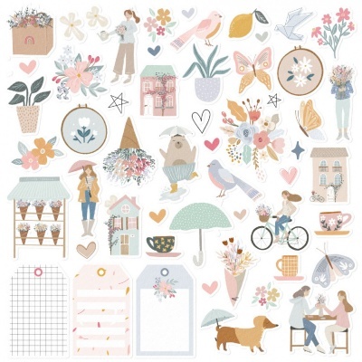 Ilustrações desenhadas à mão de flores, casas, pessoas, animais, chávenas e etiquetas em cores suaves.