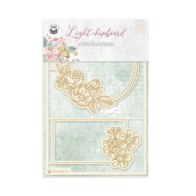 Embalagem de enfeites chipboard com motivos florais e molduras douradas em fundo azul esverdeado.