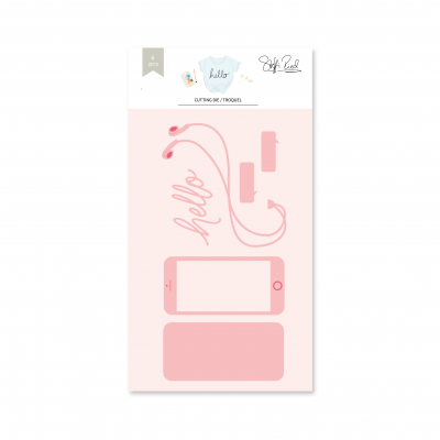 Conjunto de autocolantes rosas com desenhos de auriculares, telemóvel, conta-gotas e palavra 'hello'