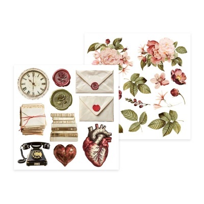 Conjunto de desenhos vintage de objetos e flores em tons suaves.