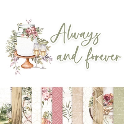 Bolo de casamento decorado, taças de vinho e padrões decorativos com texto 'Always and forever'