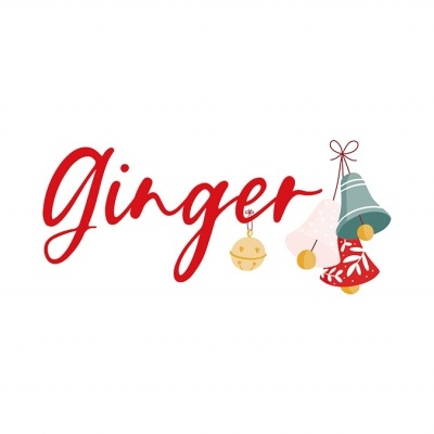 Palavra 'Ginger' em vermelho com sinos coloridos pendurados em fundo branco