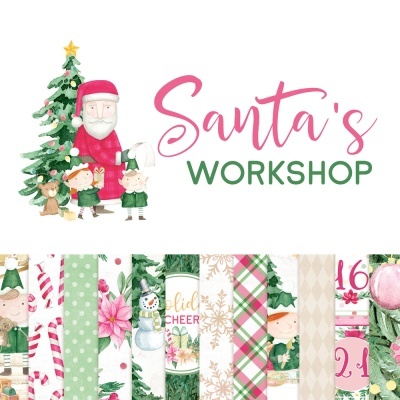 Frase 'Santa's WORKSHOP' com ilustrações de Natal e tiras de papel decorativo com padrões natalícios.