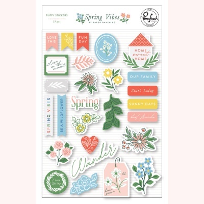 Autocolantes Puffy Spring Vibes com flores e frases em inglês