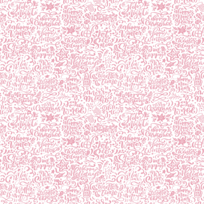 Papel de embrulho rosa claro com padrão de textos festivos e desenhos de Natal.