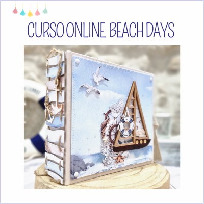 Álbum decorativo com tema marítimo e elementos de madeira e corda