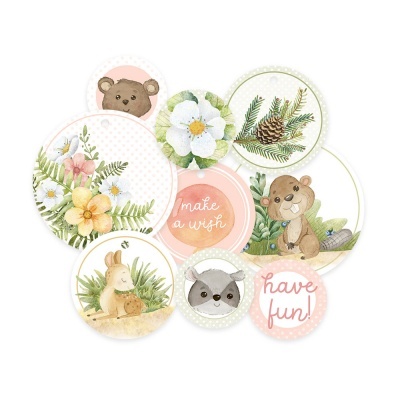 Conjunto de círculos decorativos com animais e texto em fundo claro