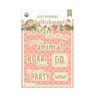 Set de decorações de chipboard leves com escritos em inglês sobre fundo rosa com bolinhas