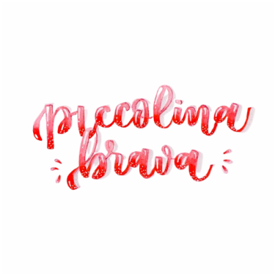 Texto decorativo com as palavras 'piccolina brava' em vermelho e rosa com detalhes brancos