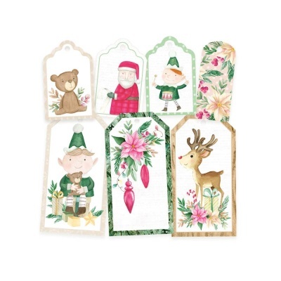 Etiquetas de papel natalícias com desenhos de urso, Papai Noel, duendes, flores e veado