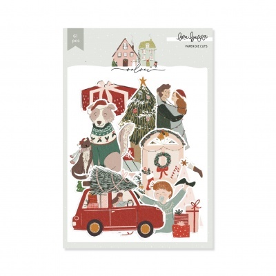Embala de recortes de papel natalícios com ilustrações de casa, casal, árvore de Natal, carro com árvore, cão com camisola