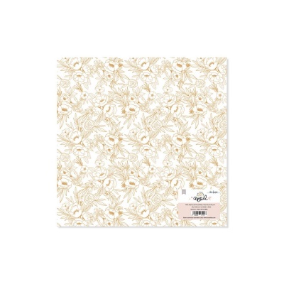 Papel decorativo floral bege e branco com etiqueta na parte inferior