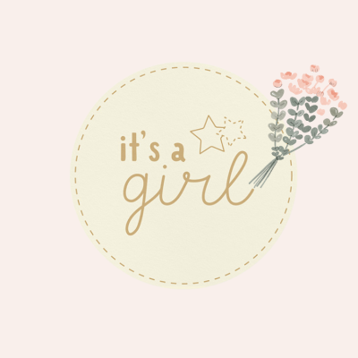 Ilustração com texto 'it's a girl' e ramo de flores sobre fundo rosa claro