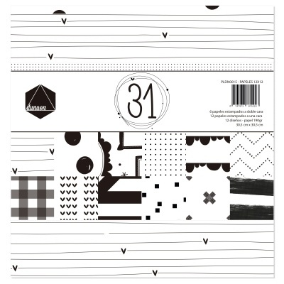 Papel estampado para scrapbooking com várias padronagens preto e branco e etiqueta com texto de embalagem